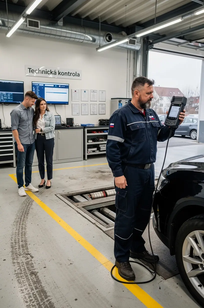 Zamestnanec vykonáva diagnostiku elektronických systémov vozidla v špecializovanom inspekčnom laboratóriu